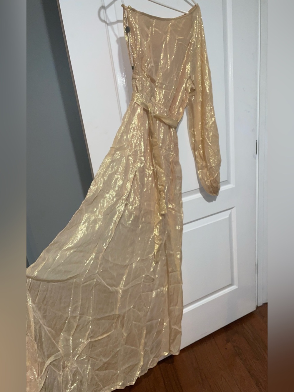 New! Sundress Doris  Belted One-Shoulder Shimmer Midi Dress in Gold 🌟 Small Tall - Picture 13 of 16